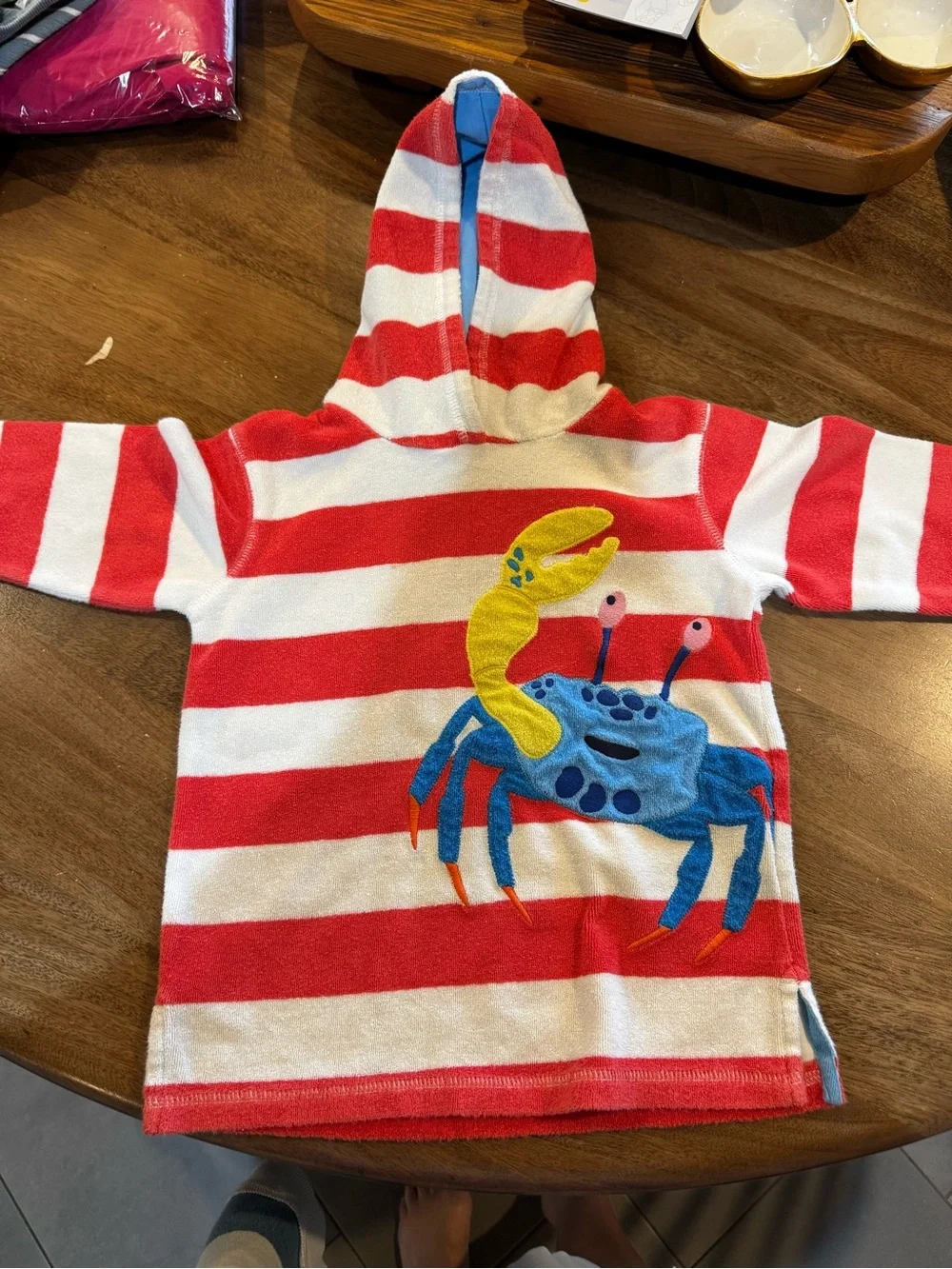 Mini Boden Kids Red & White Stripe Hooded Toweling Coverup with Crab Appliqué